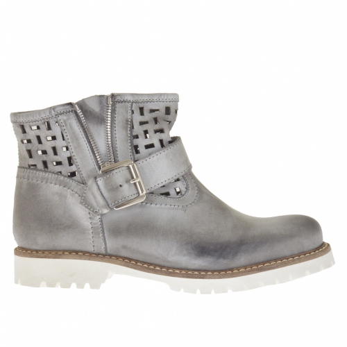 Bottines pour femmes avec boucle et fermeture éclair en cuir antique perforé gris - Pointures disponibles:  32
