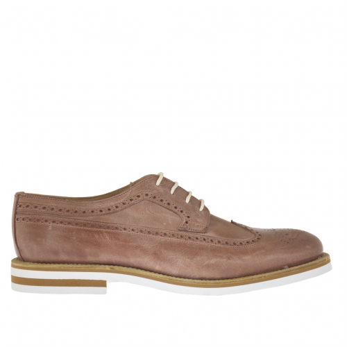 Scarpa derby stringata con decorazioni Brogue in pelle vintage cuoio - Misure disponibili: 46, 47, 50