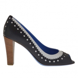 Escarpin à bout ouvert en cuir noir et blanc talon 8 - Pointures disponibles:  42