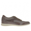 Men's laced sports shoe in smoke leather and grey fabric