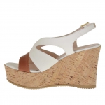 Sandale pour femmes en cuir blanc et brun avec plateforme et talon compensé en liège 9 - Pointures disponibles:  42