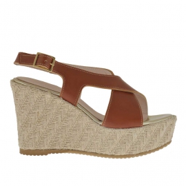 Sandalia para mujer en piel cuero con plataforma y cuña de cuerda 9 - Tallas disponibles:  42