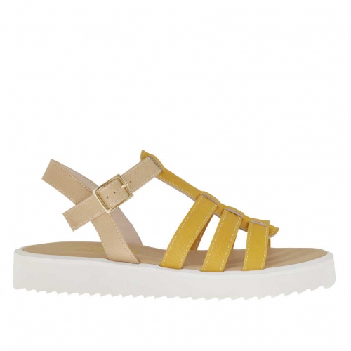Sandale pour femmes avec courroie en T en cuir imprimé beige et jeune ocre talon compensé 2,5 - Pointures disponibles:  31