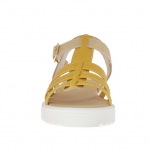 Sandale pour femmes avec courroie en T en cuir imprimé beige et jeune ocre talon compensé 2,5 - Pointures disponibles:  31