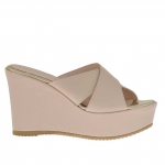 Woman's open mules in pink printed leather with crossed bands, platform and wedge 9 - Available sizes:  42