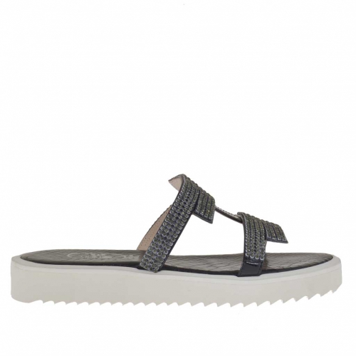 Sabot aperto da donna in vernice nera con strass zeppa 2,5 - Misure disponibili: 31