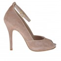 Woman's open platform pump with strap in earth-tones suede and beige leather heel 11