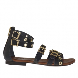 Offener Damenschuh mit Reißverschluß, Riemchen, goldenen Schnallen und Nieten aus schwarzem Leder  - Verfügbare Größen:  32