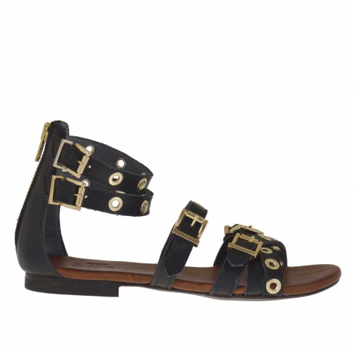 Woman's open shoe with zipper, straps, golden buckles and studs in black leather  - Available sizes:  32