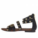Zapato abierto para mujer con cremallera, cinturones, hebillas y tachuelas oro en piel negra - Tallas disponibles:  32