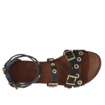Chaussure ouvert pour femmes avec fermeture éclair, courroies, boucles et goujons or en cuir noir  - Pointures disponibles:  32