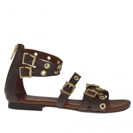 Offener Damenschuh mit Reißverschluß, Riemchen, goldenen Schnallen und Nieten aus dunkelbraunem Leder - Verfügbare Größen:  32