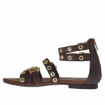 Woman's open shoe with zipper, straps, golden buckles and studs in dark brown leather - Available sizes:  32