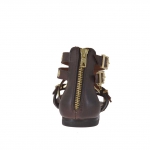 Woman's open shoe with zipper, straps, golden buckles and studs in dark brown leather - Available sizes:  32