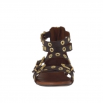 Woman's open shoe with zipper, straps, golden buckles and studs in dark brown leather - Available sizes:  32