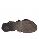 Woman's open shoe with zipper, straps, golden buckles and studs in dark brown leather - Available sizes:  32