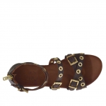 Woman's open shoe with zipper, straps, golden buckles and studs in dark brown leather - Available sizes:  32