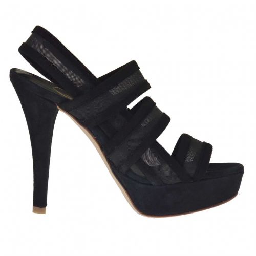 Sandale pour femmes avec plateforme, 3 bandes et tissu résille en daim noir talon 12 - Pointures disponibles:  42