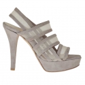 Woman's platform sandal with 3 bands and net in mud-coloured suede heel 12