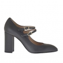 Woman's pump with two straps in gunmetal grey leather heel 9