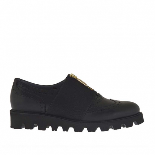 Chaussure avec elastique et fermeture éclair pour femmes en cuir noir talon compensé 3 - Pointures disponibles:  32, 33