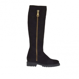 Woman's boot with outer golden zipper and inner half zipper in black suede heel 3 - Available sizes:  33