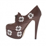 Damenschuh mit Schnürsenkeln und Plateau aus braunem Leder mit weißen Blumen Absatz 15 - Verfügbare Größen:  31, 32, 34, 42, 43