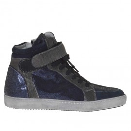 Zapato con cordones, cremallera y velcro en piel imprimida acero, gamuza y charol laminado imprimido azul cuña 2 - Tallas disponibles:  32, 33