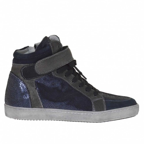 Zapato con cordones, cremallera y velcro en piel imprimida acero, gamuza y charol laminado imprimido azul cuña 2 - Tallas disponibles:  32, 33