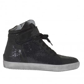 Zapato deportivo con cordones, cremallera y velcro en piel negra con brillos y charol laminado imprimido negro cuña 2 - Tallas disponibles:  32, 33