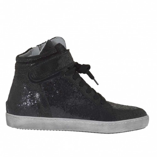 Schnürschuh mit Reiß- und Klettverschluss aus schwarzem Leder mit Glitter und bedrucktem laminiertem Lackeder Keilabsatz 2 - Verfügbare Größen:  32, 33