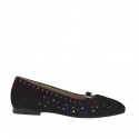 Woman's ballerina shoe with strap in pierced black suede and laminated silver leather heel 1