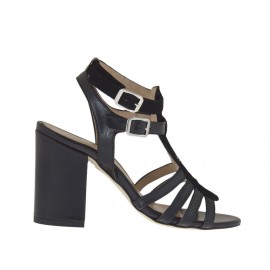 Sandalo da donna con due cinturini, listini e strass in camoscio e pelle nera tacco 8 - Misure disponibili: 32, 42