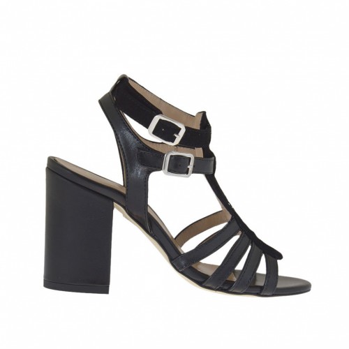 Sandalo da donna con due cinturini, listini e strass in camoscio e pelle nera tacco 8 - Misure disponibili: 32, 42