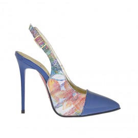 Woman's slingback pump in multicolored printed leather and electrical blue patent leather heel 10 - Available sizes:  42