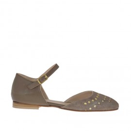 Offener Damenschuh mit Riem und Nieten aus taupefarbigem Leder und Wildleder Absatz 1 - Verfügbare Größen:  32