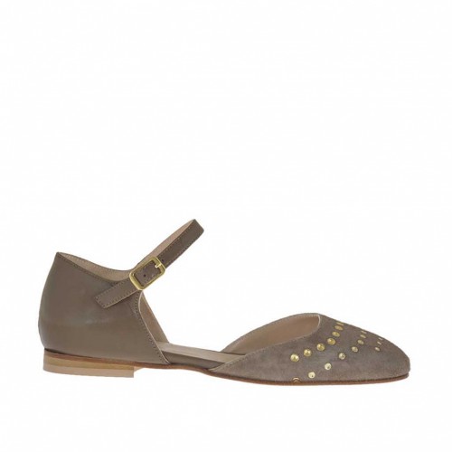 Zapato abierto para mujer con cinturon y tachuelas en piel y gamuza gris pardo tacon 1 - Tallas disponibles:  32