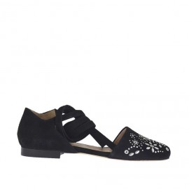 Scarpa aperta da donna con borchie e laccio in camoscio nero tacco 1 - Misure disponibili: 32
