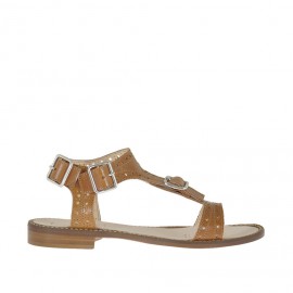 Sandalia para mujer con hebilla y cinturones en piel perforada de color cuero tacon 1 - Tallas disponibles:  42