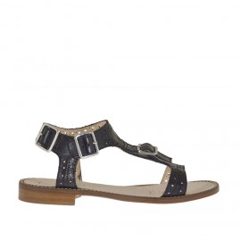 Sandale pour femmes avec boucle et courroies en cuir perforé noir talon 1 - Pointures disponibles:  42