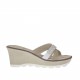 Woman's open mules with bands, strass and platform in white leather and sand suede wedge heel 7 - Available sizes:  42