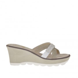 Woman's open mules with bands, strass and platform in white leather and sand suede wedge heel 7 - Available sizes:  42