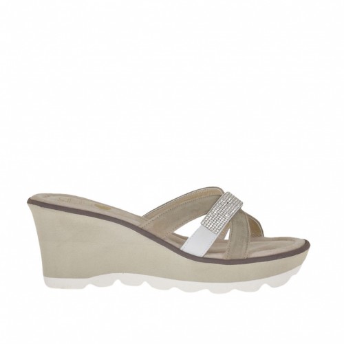 Woman's open mules with bands, strass and platform in white leather and sand suede wedge heel 7 - Available sizes:  42