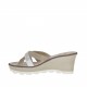 Woman's open mules with bands, strass and platform in white leather and sand suede wedge heel 7 - Available sizes:  42