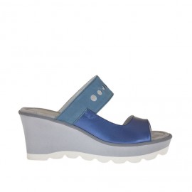 Woman's open mules platform in metalized blue leather and pierced aviation blue leather wedge heel 7 - Available sizes:  42