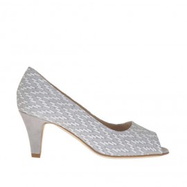 Escarpin ouvert pour femmes en daim gris et imprimé optique géométrique blanc talon 6 - Pointures disponibles:  45