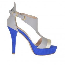 Zapato abierto para mujer con ciinturon y plataforma en gamuza azul y piel gris y platino laminado tacon 10 - Tallas disponibles:  43