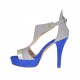 Scarpa aperta da donna con cinturino e plateau in camoscio blu e pelle grigria e laminata platino tacco 10 - Misure disponibili: 43