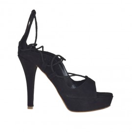 Woman's open shoe with platform and fabric lace in black suede heel 10 - Available sizes:  31