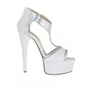 Woman's open platform shoe with elastics and zip in white and laminated silver leather heel 13
